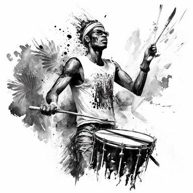 Ink sketch of bahia brazil man, carnival, dancing, playing percussion with drumsticks, music, realistic, detailed , black and white, clipart , vector