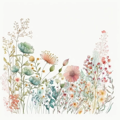 pastel color high resolution many field blossoms and flowers, floral bottom low border, watercolor clipart, white background