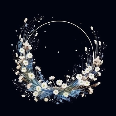 framed by thin border, wide view, central composition, fit in shot, full length, uncropped ,watercolor baby's breath wreathes, clipart, vector, dark background