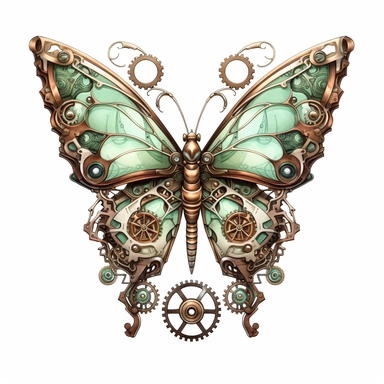 A delicate butterfly with wings detailed with intricate clockwork gears and cogs, with its colors echoing the shine of Chocolate Brown and Mint Green watercolour clipart, white background, no watermarks