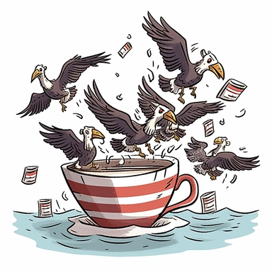clipart of a group of patriotic eagles tossing tea bags off a ship, cartoon style, isolated on a white background