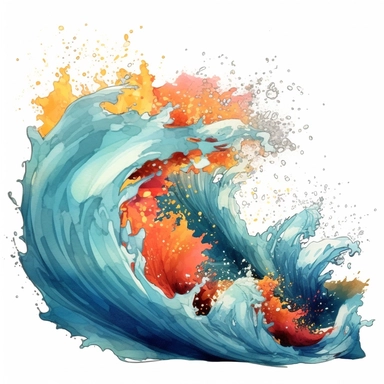 watercolor crashing waves, shades of coral turquoise yellow and blue, glamorous, very detailed and realistic, white background with margins, clipart style