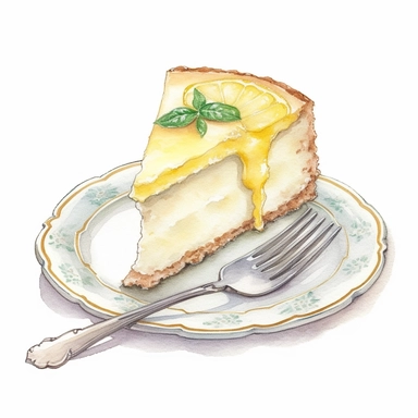 Cute - french style a delicious looking slice of lemon cheesecake on a vintage plate and vintage fork clipart, 1940, water color