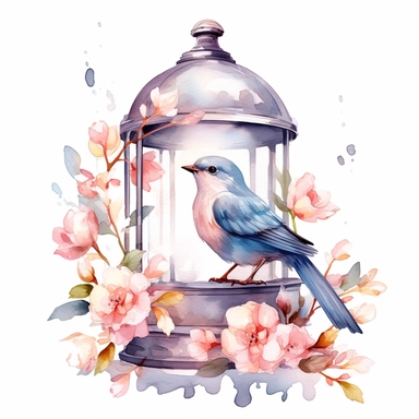 clipart, isolated on white background, beautiful cute Watercolor Spring bird Feeder, flowers and branches and leaves, ornated, pastel colors