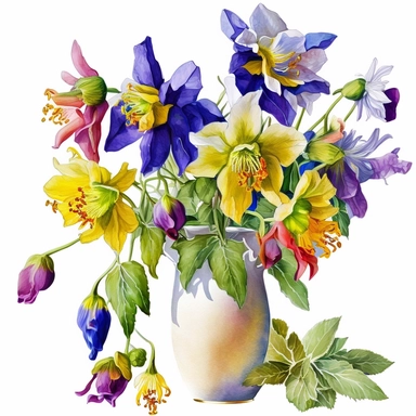 Vase of colorado columbine flowers Clipart vibrant and colourful watercolour, without watermark