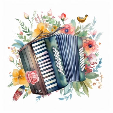 A vintage accordion with a watercolor background featuring a variety of colorful flowers, vines, and leaves, with a small bird perched on top of the accordion. This clipart would be perfect for use on invitations or posters for spring or summer music festivals, Full HD Colorfull Watercolor, 8k