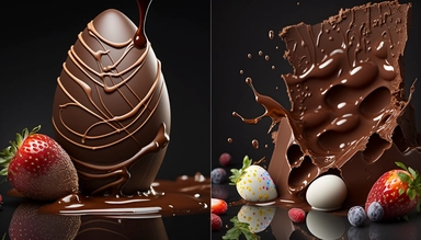 easter eggs gently sink into liquid chocolate, strawberry, chocolate bar, chocolate eggs, photo clipart, background, delicious, studio photo light, lots of intricate details, harmonious composition, volumetric lighting, professional food photographer luxury, photo lighting + f2. 8 80mm lens, lots of intricate details, canon, sharp focus, ureal photo realism, hyper-realism