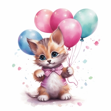 a cute super-detailed feamle kitten in a pink shirt holding some baloons, watercolor clipart 4k, white background
