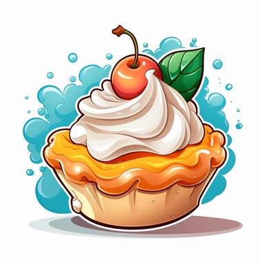 a cartoon clip art peach pie with a whip cream dollop splash that looks delicious for gummy food packaging