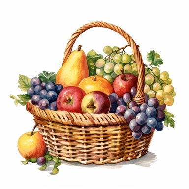 one basket fruit watercolor clipart on white Background, in the style of elaborate fruit arrangements, realistic landscapes with soft, tonal colors, colorful pixel-art, extravagant table settings, wimmelbilder, nature scenes, tightly cropped compositions , no watermark, text, words, paintbrush, 300 DPI , typography, the images do not stick together, no text in the picture, there are no words in the tree