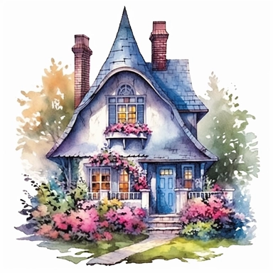 Fairytale Style beautiful victorian style cottage house in the floral garden in the flowerland with watercolor effect,flowerland scene,flowers,fantasy style,realistic features,vibrant colors,suitable for digital clipart,white background Clipart ,Cartoon,hyper realistic, intricate detail, illustration style,high solution,on the white background