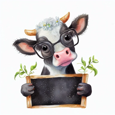 a funny looking smiling baby cow with glasses holding up a small blackboard, watercolor clipart on white background