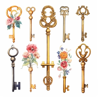 assorted gold keys inspired by Alice in wonderland watercolor illustration, design elements isolated on white background, vintage clip art - Image #4 <@1098423716465102849>