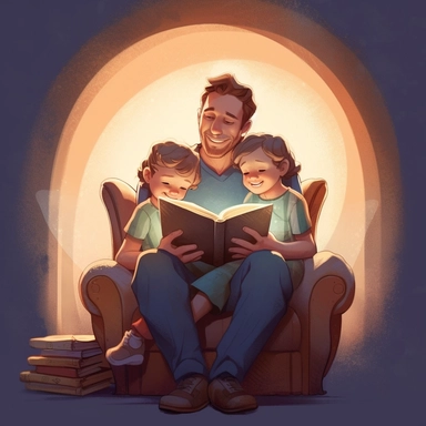 Storytime with Dad: Create a clip art image of a dad sitting on a chair or a bed, reading a book to his children. Capture the warmth and nurturing aspect of fatherhood, emphasizing the importance of storytelling and quality time spent together.