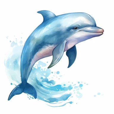 Create a watercolor clipart illustration of a gentle, cute and adorable dolphin. Emphasize its cute features, such as large eyes, a sweet smile, and soft, rounded tentacles. Use a soft and delicate color palette, with subtle shades and pastel tones. The clipart must be on a solid white background to capture the softness and charm of the character