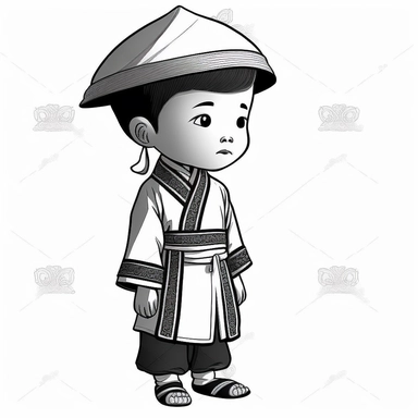a boy, simple, traditional costume, local food, and animal,educational, history, and cultural diversity, clipart style, cute, picture book style, captivating, kid friendly cute character, black and white, coloring book, not color style, cartoon style, vector image, simple, line art style, character, white background