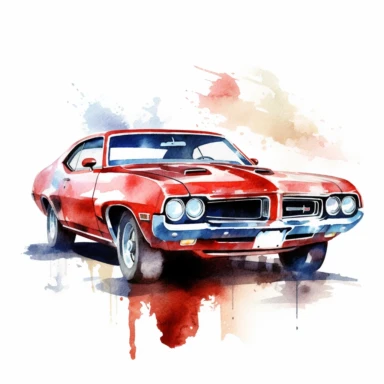 A clipart of a classic American muscle car, painted in watercolor style, designed on a white background.