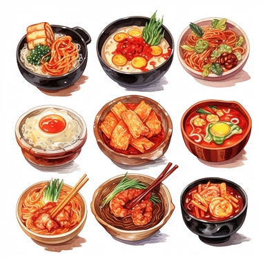 Kimchi, Korean fried chicken, Tokpokki, Ramyeon, Jajangmyeon, Kimbap, Bibimbab, Shabu Shabu, Sundubu jigae, Ginseng chicken soup, korean food, white background, clipart, Object, vector collection, 8k, watercolor