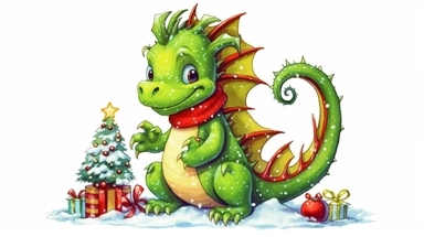 Cute funny avocado green dragon, christmas tree with toys, red cardigan, snow, winter, style by Lusy Fleming, folk art, watercolor, clipart elements, smooth gradients, black contour outline, ultra detailed, white background, super clear :