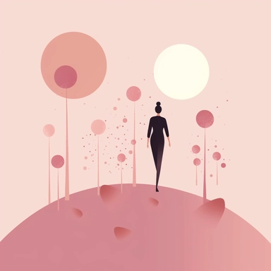 very basic forms illustration clipart, with very basic colours, light pink and brown shades, representing the success that women are constantly looking for, with a small silhouette of a lady walking towards the goals, with tiny flowers, very minimalist