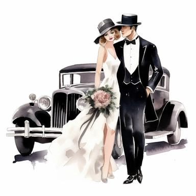 just married car black tuxedo clipart graphic vector white background cartoon style drawing painting watercolor