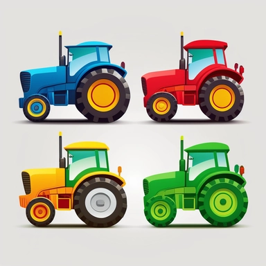 cute colourful vibrant red, green, blue an yellow farm tractor vehicles, each side profile view front view, rounded edges, rounded corners, detailed vector clean illustration, clipart, svg, white background