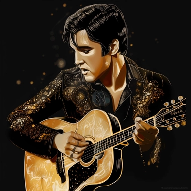 portrait view, full view, beautiful image of Elvis Presley with guitar and microphone,black and gold colors, exact image, romantic, fantasy, sharp focus, high detail, 8k illustration clipart style, transparent background, (--iw 8)