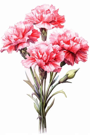 watercolor bunch of carnation flowers, hand painted style, isolated on a white background, clipart, hd