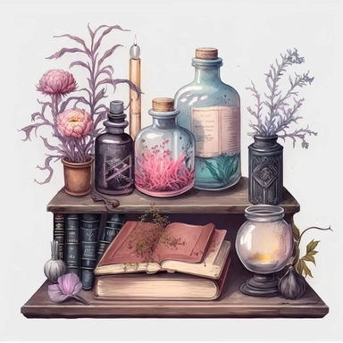 Light academy, old wooden shelf, potion bottle, bottle, grass, books, diary, glass with brushes, candles, vase, pink and white peonies, pink, white, light blue, purple, pastel colors,clipart on a white background, an illustration of by Annabel Kidston, shutterstock contest winner, generative art, detailed painting, digital illustration, photoillustration isolated on white background, digital watercolor