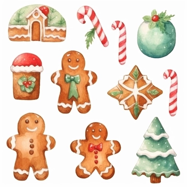 watercolour christmas theme clip art, gingerbread cookies and christmas candy theme, clipart variations, simple, vector, 8k