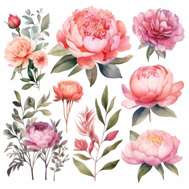 Handpainted romantic set with watercolor peonies, flowers, roses and leaves.15 lovely clipart isolated.Perfect your project,greeting cards,wedding,Birthday cards,bouquets,wreaths,invitations,logos