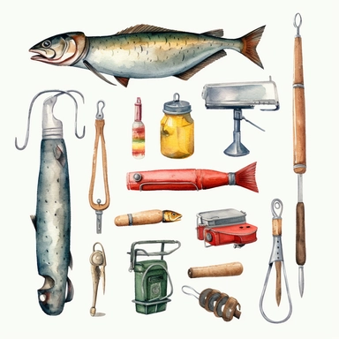 watercolor, Fishing gear - Clip art of a fishing pole, tackle box or fishing lure. png Full body realistic cartoon in 32K UHD cute. 15 cm thick outline. Black color. There was no shadow on the ground. 8k with realistic watercolors and detailed illustrations. PNG clipart, transparent white background