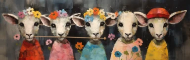 a row of cute miniature lambs, a collage of mixed media art made with tissue paper, magazine and newspaper clippings, oil paint, graphite pencil lines and fabric, in the style of playful surrealism, whimsical, washi tape