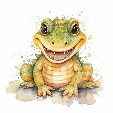 Safary baby crocodile animal, cute, full body, realist, scrapbook images, watercolor, clipart, white background, no watermark–no text fonts letters watermark words typography slogans signature