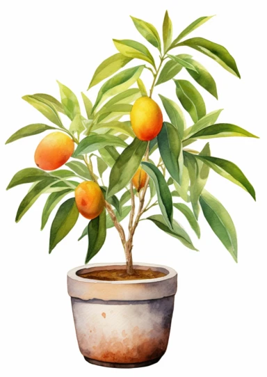 little watercolor mango tree growing in mediterranean pot clipart on white background