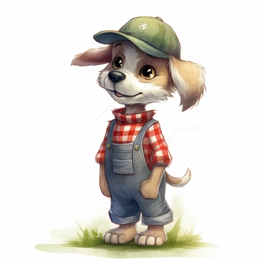Cute anthropomorphic puppy wearing a red plaid vest and a gray cap, paired with blue denim overalls and brown boots clipart,hand hold gardening gloves,smile expression,standing pose dynamically, front side view, in the style of watercolor cartoon clipart, beatrix potter style,pixar style, high resolution, composition free space, pastel color scheme, soft and tender, watercolour clipart, watercolor illlustration for kids and children,isolated white background, clipart most popular on etsy, book i