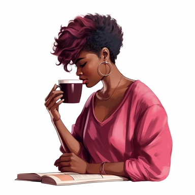 gorgeous black woman clipart, studying the bible sipping a coffee at a cafe, pixie cut hairstyle, dark rose pink blouse, dark brown skinned, melanin, white background