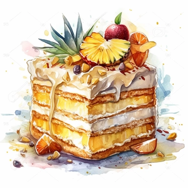 Watercolor clipart of Durian Ice Cream Cake: Make a no-bake cake by layering Durian ice cream between layers of crumbled graham crackers and topping with whipped cream and Durian pieces, intricate details, vector, hyperrealistic, white background, no splashes, no text, no watermark