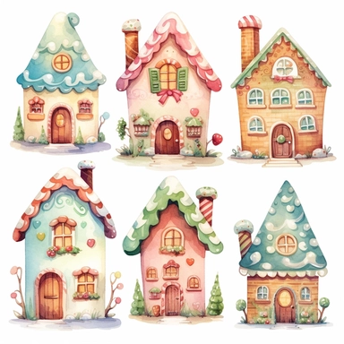 very simple watercolour childrens book style drawing of different cute gingerbread houses, pastel colours soft on white background for clipart, 8k