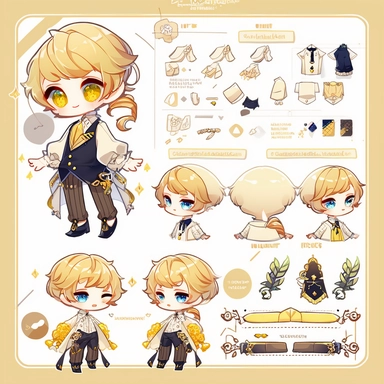 character sheet, knoling, clipart, inventory catalog, cute chibi character, golden wavy long hair, long bangs, yellow-green eyes, flat chest, beautiful young boy, gothic, frill, lace shirt, high West brown shorts, yellow bird, mimosa, yellow jewelry, ribbon