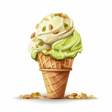 pistachio ice cream in a cone, Clipart, vector art, white background