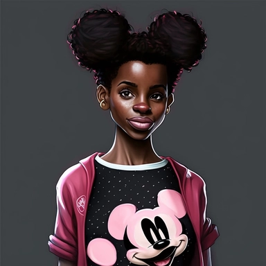 2d, beuatiful vibrant full body happy african american adult mickey mouse girl clipart, dark brown face, pink ears, cartoon realistic