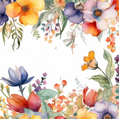 The watercolor floral border clipart morphs into an oil painting, reminiscent of the lush, botanical works of Rachel Ruysch. Against a white background, the border is alive with wildflowers painted with rich, vibrant strokes. The color temperature is balanced, each flower bursting with a unique palette of hues. No facial expressions are present, but the flowers radiate life and vitality. The lighting is subtly dramatic, enhancing the textural details and the lush, immersive atmosphere.