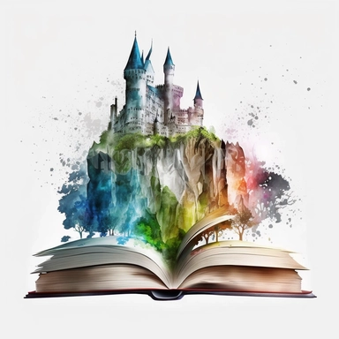 Clipart, Mythical Watercolor Castle Emerging from an Open Book, no background, hd