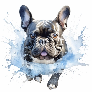 high detailed, Hand drawn watercolor clipart of a French Bulldog in a river, on a pure white background for background removal, no shadow, no paint splash