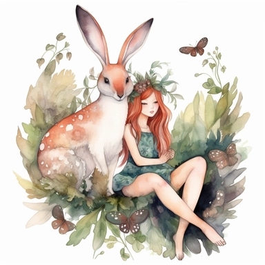 beautiful watercolor painting clipart of a forest fairy and a bunny