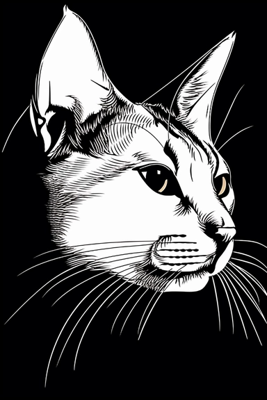 chat assis de face corps entier, contour de la silhouette au trait fin croquis simple une ligne, clipart vector logo, style Leonardo da vinci, fond blanc
