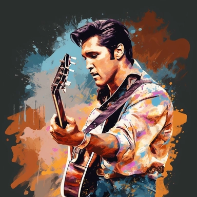 portrait view, full view, beautiful colors, beautiful image of Elvis Presley with guitar and microphone, romantic, fantasy, sharp focus, high detail, 8k illustration clipart style, transparent background, (--iw 8)