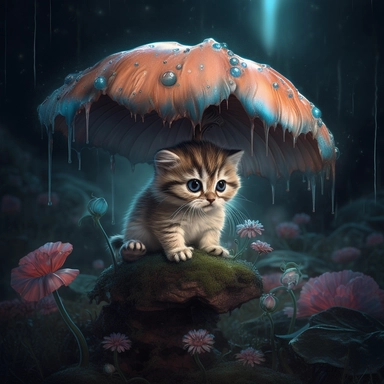 Charming, high-quality splashing art of a charming baby kitty, up close, sitting under a toadstool mushroom in the shape of an umbrella in an enchanted forest in the rain, dark shadows, deep contrast bioluminescence, magical, mystical, intricately detailed scene,soft pastel colors with a shade, bright colors, wet dirty earth, puddles, fantasy art, masterpiece, marked award-winning, Digital artwork, Clip Studio Paint, Rich colors, Painterly texture, trends in art communities, Adobe Photoshop