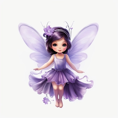 Blissful little fairy with lavender wings, floating gracefully, emanating pure bliss through a radiant expression, deep, captivating eyes, and sparkling wings, against a white background filled with deep, high-contrast colors.on white background, clipart